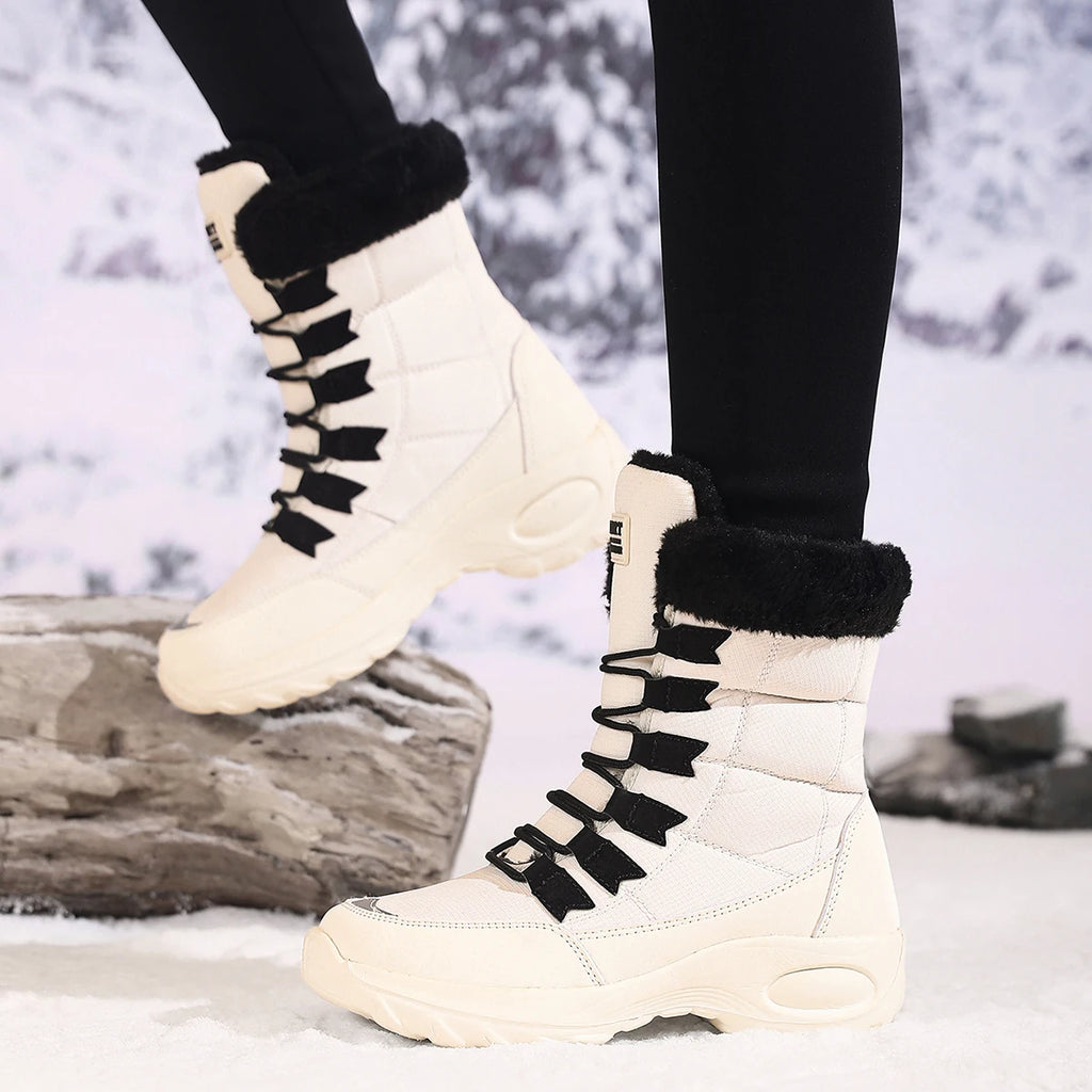 Zapatos de invierno impermeables para mujer, cómodas botas de senderismo al tobillo para exteriores, botas altas con plataforma de piel, botas de nieve cálidas