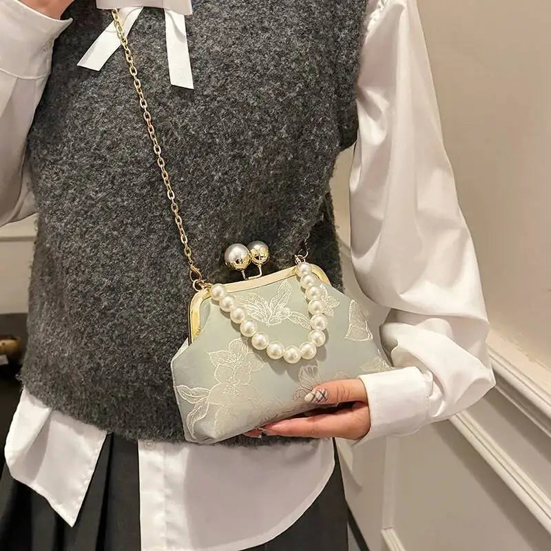Bolso de mano bordado de estilo bohemio para mujer, bolsos de hombro con patrón floral, elegante bolso con correa de cadena y asa de metal, cartera de regalo