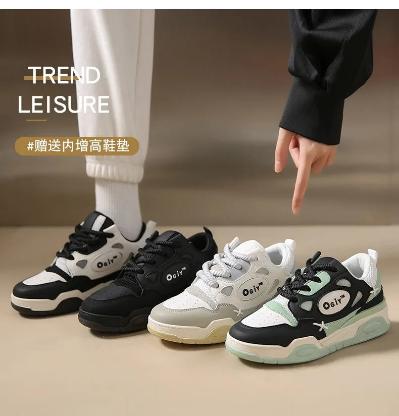 Zapatillas de deporte gruesas para hombre, zapatos de suela suave para correr, informales, de cuero de microfibra, transpirables, con plataforma aumentada de altura