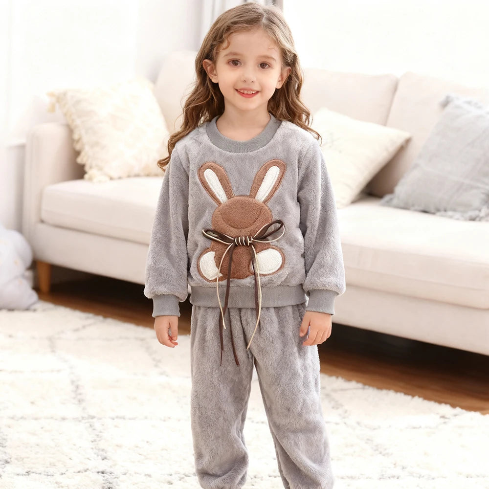 Ropa de invierno para niños, conjunto de pijamas de conejo de dibujos animados de otoño para niñas y niños, conjuntos de 2 uds de forro polar de franela gruesa, ropa de dormir cálida para niños