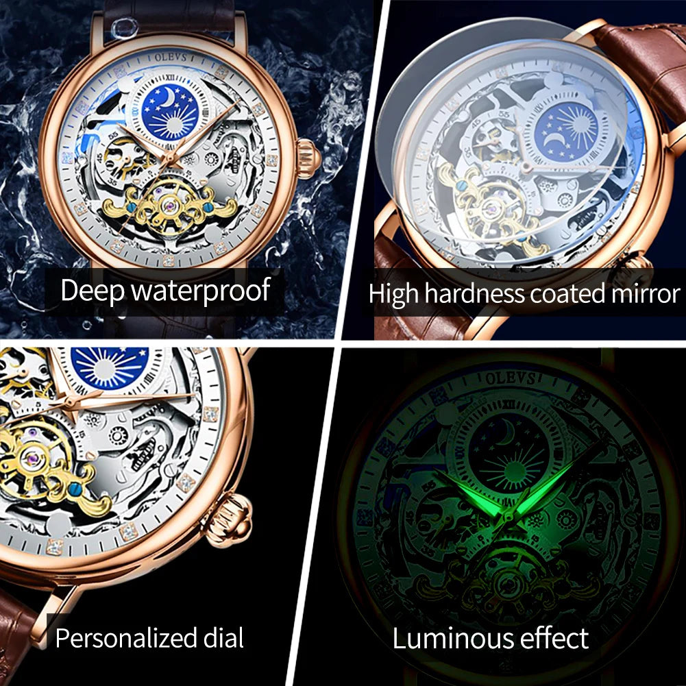 OLEVS Relojes de esqueleto, reloj mecánico automático para Hombre, reloj deportivo Tourbillon, reloj de pulsera informal de negocios con forma de Luna, Relojes para Hombre
