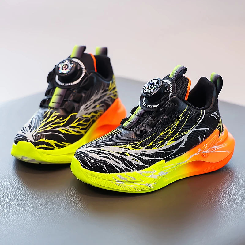 Zapatillas de deporte para estudiantes, bonitos zapatos para correr con grafiti para niños, botón giratorio, otoño 2025, nuevos zapatos de baloncesto para niños, fondo suave