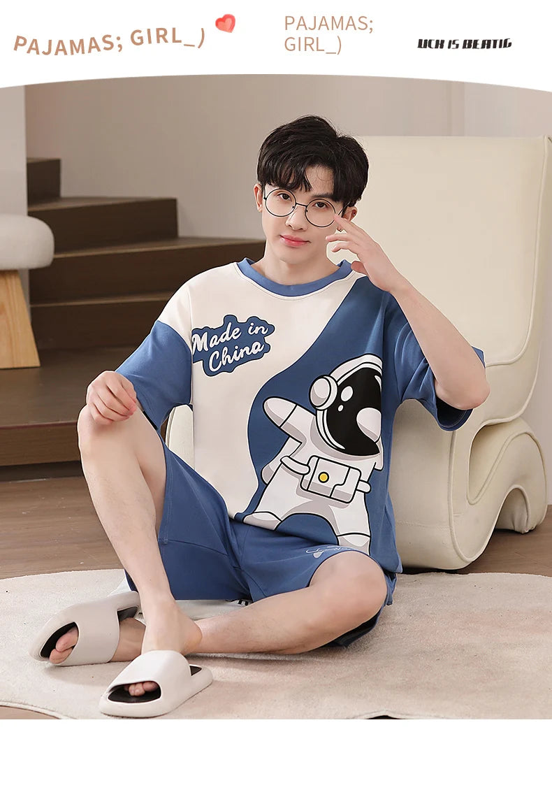 Pijamas para hombre y adolescente, pantalones cortos de algodón de manga corta con dibujos de astronauta, conjunto de ropa de descanso para estudiantes de secundaria, pijama para hombre, envío directo