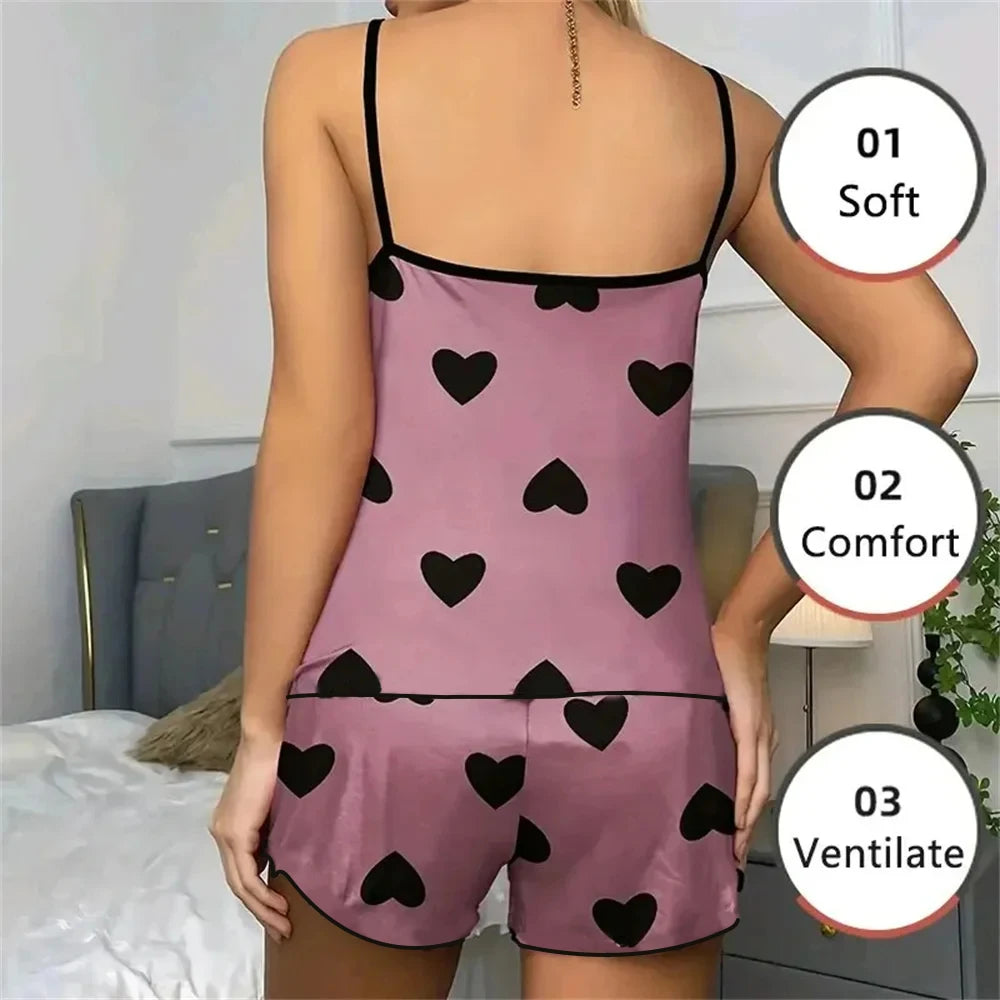 Conjunto de pijama para mujer, camisetas, pantalones cortos, camiseta rosa con estampado en forma de corazón y cuello redondo, Top de seda helada, cómodo e informal de verano ﻿