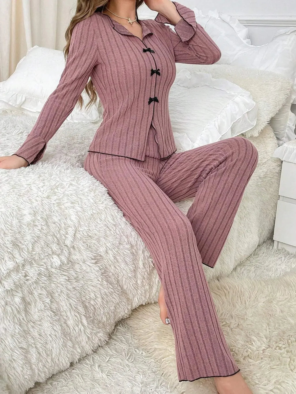 Conjunto de Pijama de otoño e invierno para mujer, Tops y pantalones de manga larga a la moda con lazo de solapa de franela cálida, ropa de dormir, traje para casa