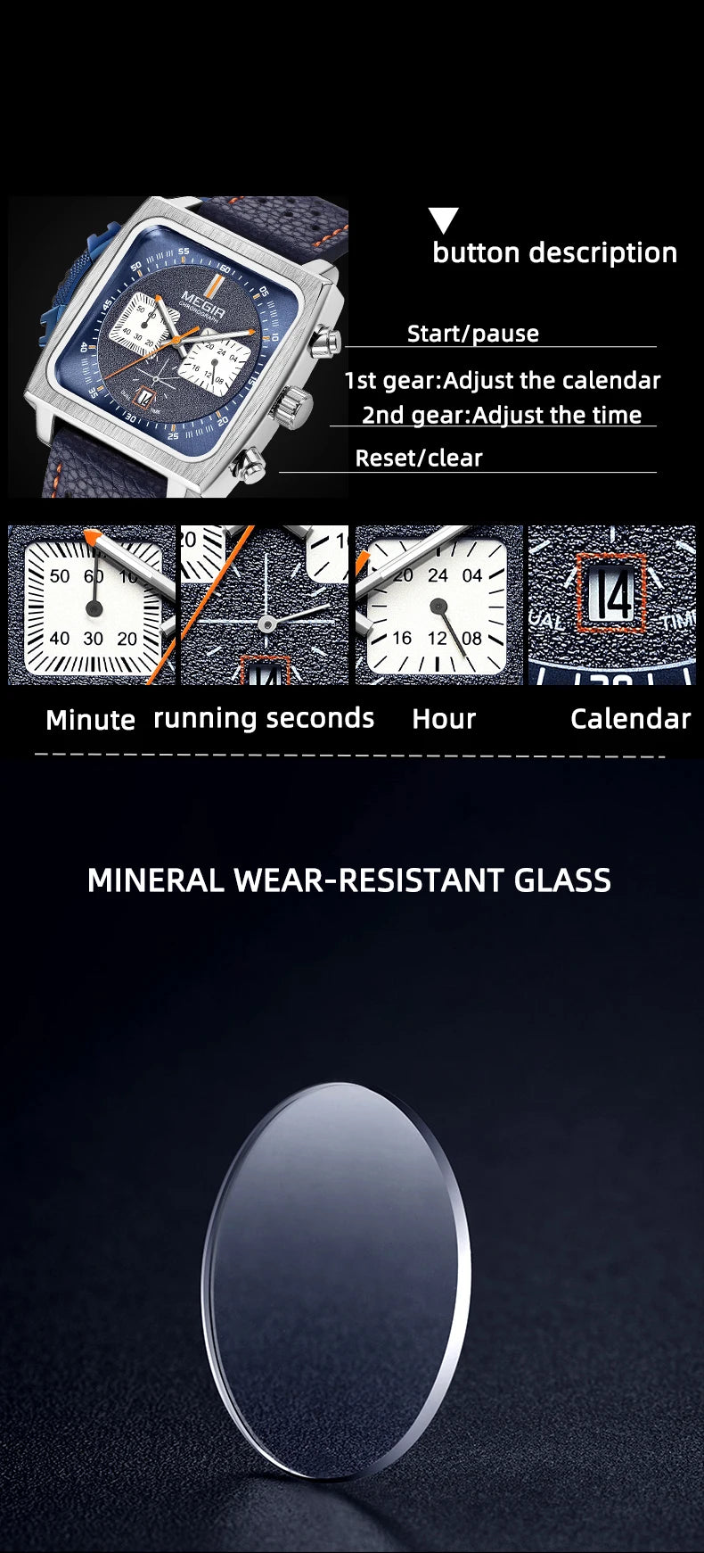 MEGIR 2182 cronógrafo deportivo de moda de lujo relojes de pulsera de cuero militar multifuncionales con fecha para hombres reloj Masculino