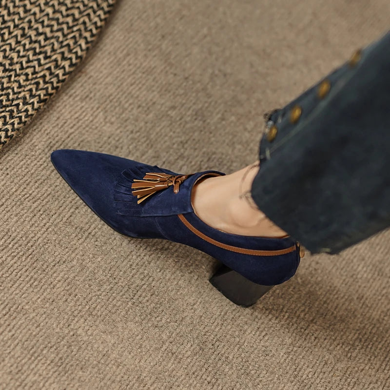 2025 primavera zapatos de mujer puntiagudos tacón grueso zapatos de tacón alto de gamuza de oveja zapatos con hebilla de cinturón para mujer zapatos de mujer