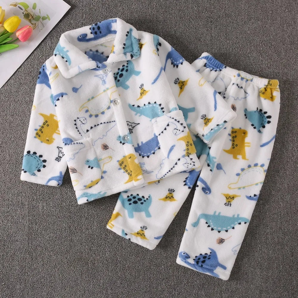 Conjuntos de pijamas cálidos de Franela suave para niños, abrigo con solapa de dibujos animados bonitos y pantalones, ropa de dormir informal para niños, Otoño e Invierno
