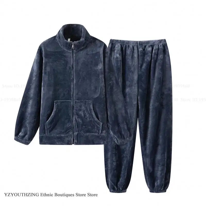 Conjunto de Pijamas de invierno para mujer, ropa de dormir cálida de lana de Coral, traje de pantalón con bolsillo, franela gruesa suelta, cuello alto, ropa de casa