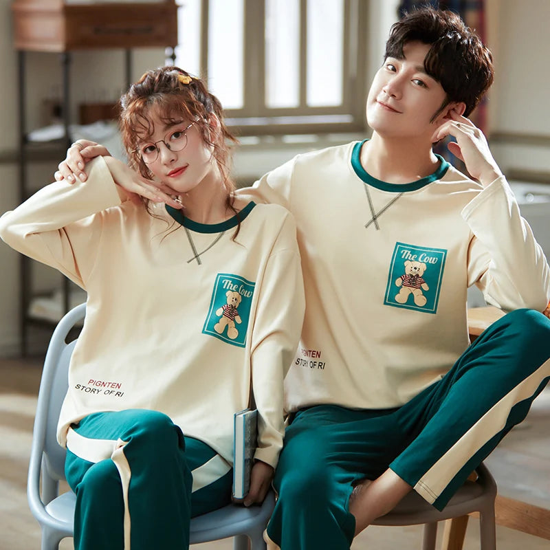 Conjunto de Pijama de algodón para mujer y hombre, ropa de dormir con dibujos animados, Top, pantalón, ropa de ocio, para otoño y primavera, M-3XL