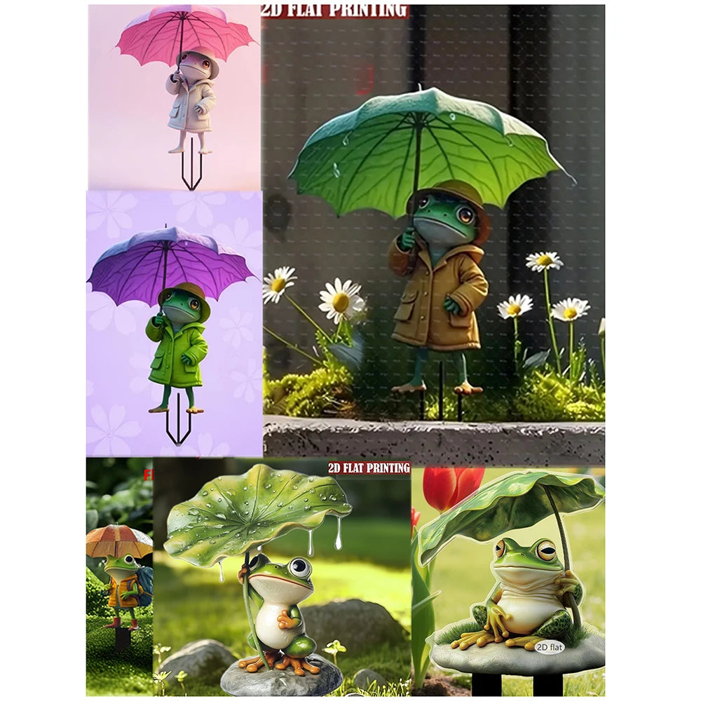 1 linda decoración de jardín al aire libre de rana, diseñada con un impermeable amarillo y un paraguas verde, decoración exterior multifuncional,