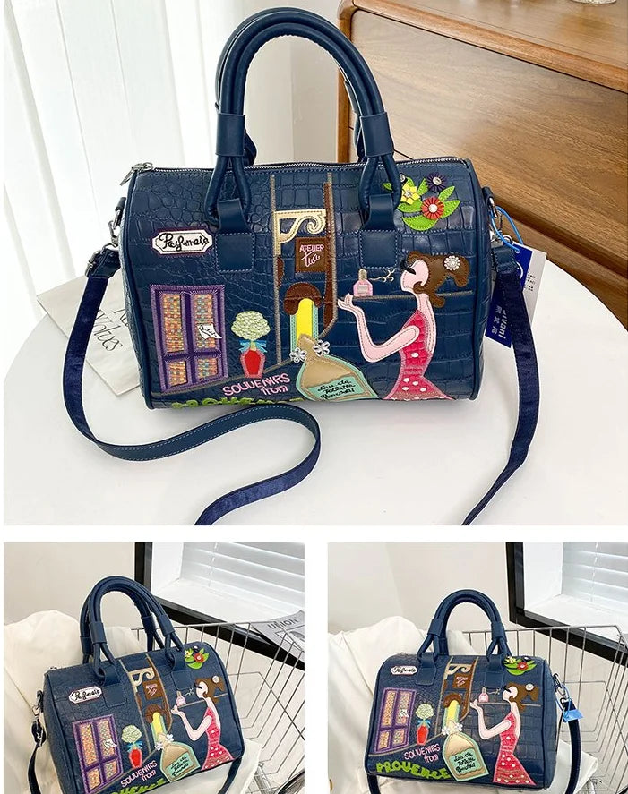 Bolso de mujer tridimensional bordado europeo y americano nuevo bolso Boston de hombro de gran capacidad bolso cruzado de moda