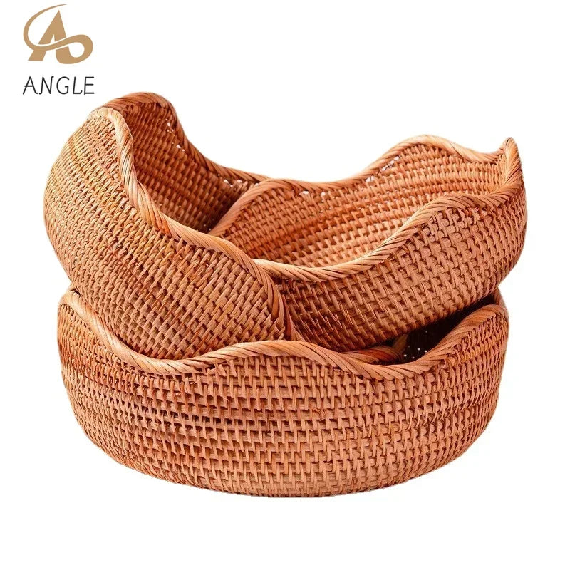 Cesta redonda de ratán para fruta, bandeja tejida de mimbre para aperitivos, organizador de alimentos para pan, almacenamiento de cocina, decoración del hogar