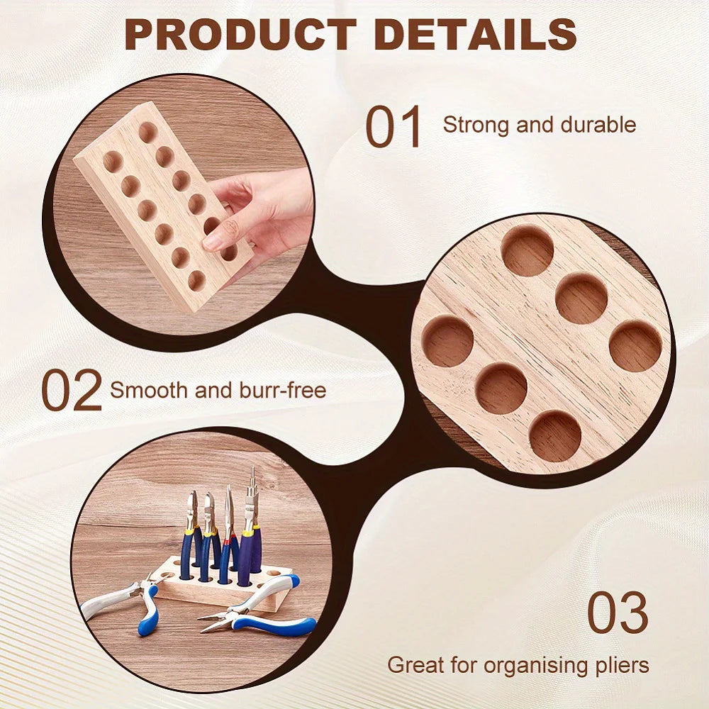 Estante organizador de alicates de madera dura con 12 agujeros, almacenamiento compacto para 6 alicates, soporte para herramientas de joyería, bloque de taller que ahorra espacio