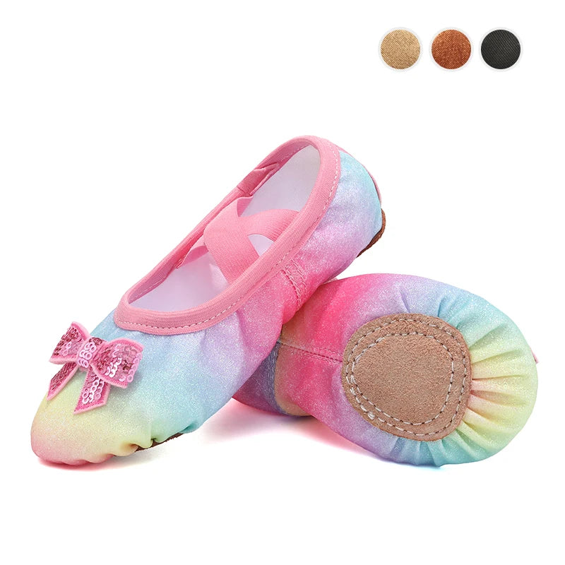 Zapatos de baile para niños, zapatos planos de Ballet para niñas, lazo de arcoíris, lentejuelas, cuero, suela blanda, actuación