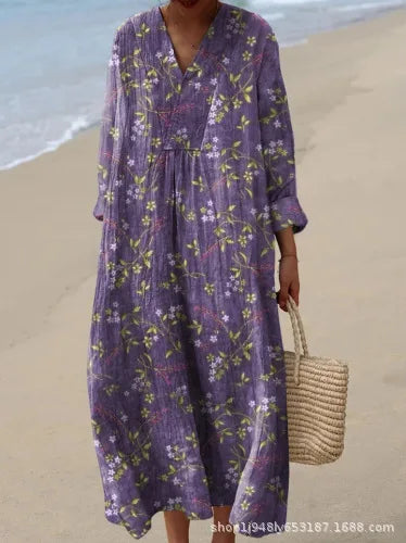 Vestido camisero con estampado Floral para mujer, vestido holgado a la moda con cuello en V, corte en A, elegante, para vacaciones en la playa, estilo sol, principios de otoño