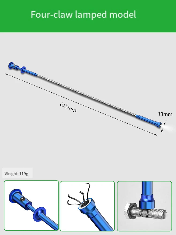 Herramienta de recogida magnética con luz LED, eje flexible para reparación de automóviles y hogar, barra magnética fuerte para tornillos, tuercas en espacios apretados