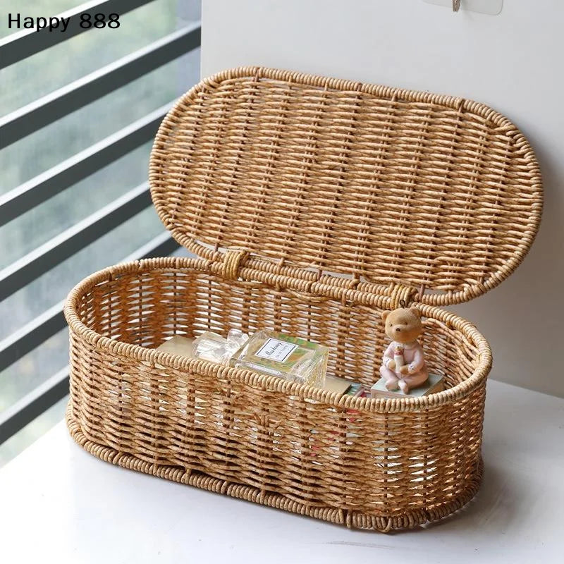 Cesta de almacenamiento de ratán de imitación de estilo bohemio, una caja de almacenamiento tejida con un marco a prueba de polvo para decoración del hogar
