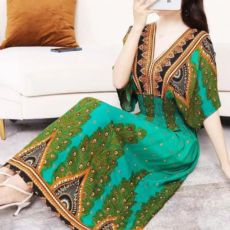 Vestido largo de cuerda Para Mujer, traje bohemio con cuello en V, estilo Retro, informal, estampado coreano, Verano