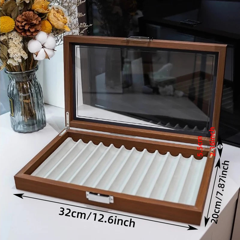 Caja de almacenamiento para bolígrafos de 12 rejillas, textura de nogal de gran capacidad, vitrina transparente, estante organizador coleccionable