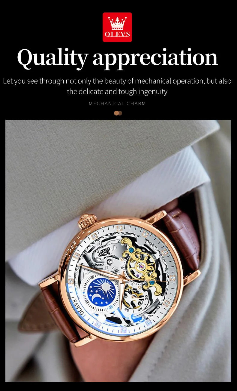 OLEVS Relojes de esqueleto, reloj mecánico automático para Hombre, reloj deportivo Tourbillon, reloj de pulsera informal de negocios con forma de Luna, Relojes para Hombre