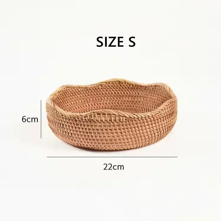Cesta redonda de ratán para fruta, bandeja tejida de mimbre para aperitivos, organizador de alimentos para pan, almacenamiento de cocina, decoración del hogar