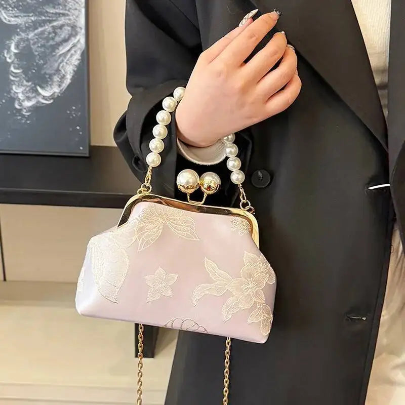 Bolso de mano bordado de estilo bohemio para mujer, bolsos de hombro con patrón floral, elegante bolso con correa de cadena y asa de metal, cartera de regalo