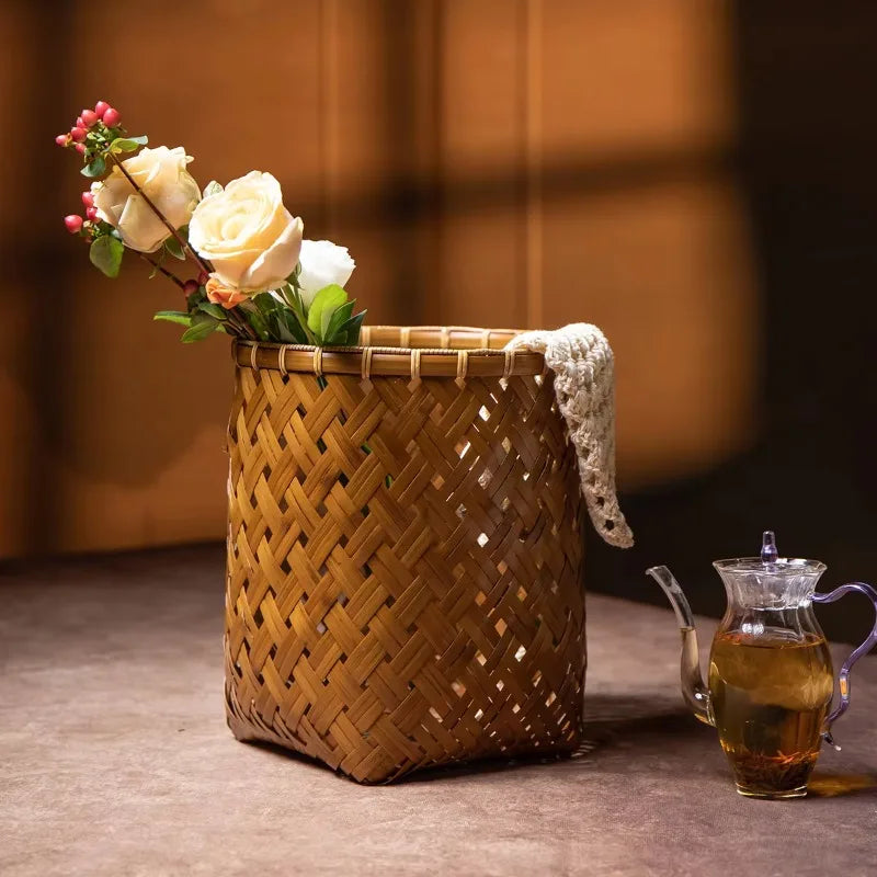 Cesta de bambú púrpura antigua hecha a mano, organizador multifuncional, soporte de papel decorativo para flores, contenedor de almacenamiento para el hogar