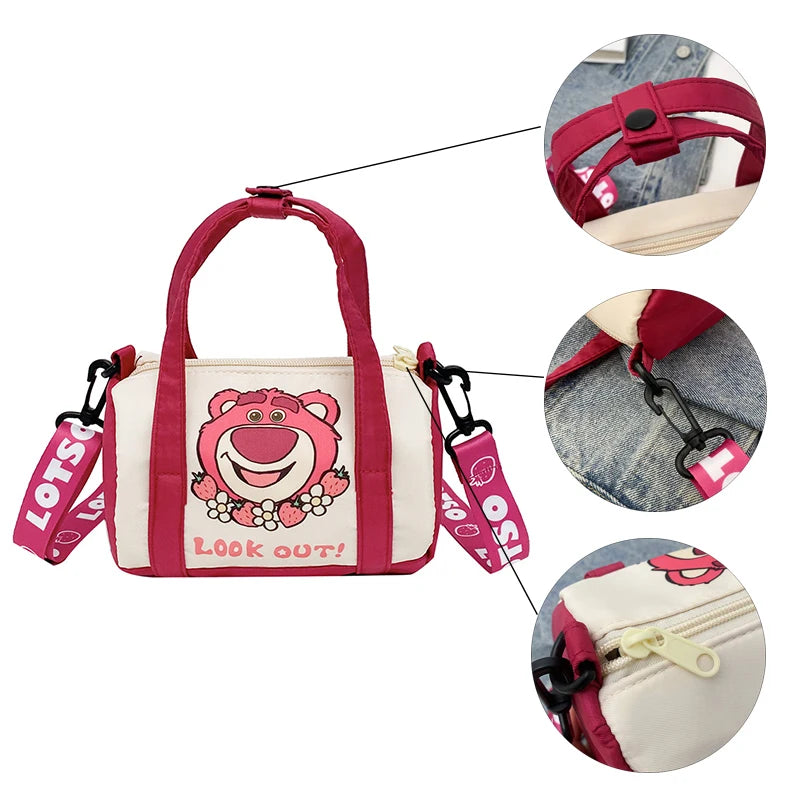 Bolso de hombro de lona de punto para mujer, bolso cruzado informal con oso de fresa de dibujos animados, desplazamientos diarios