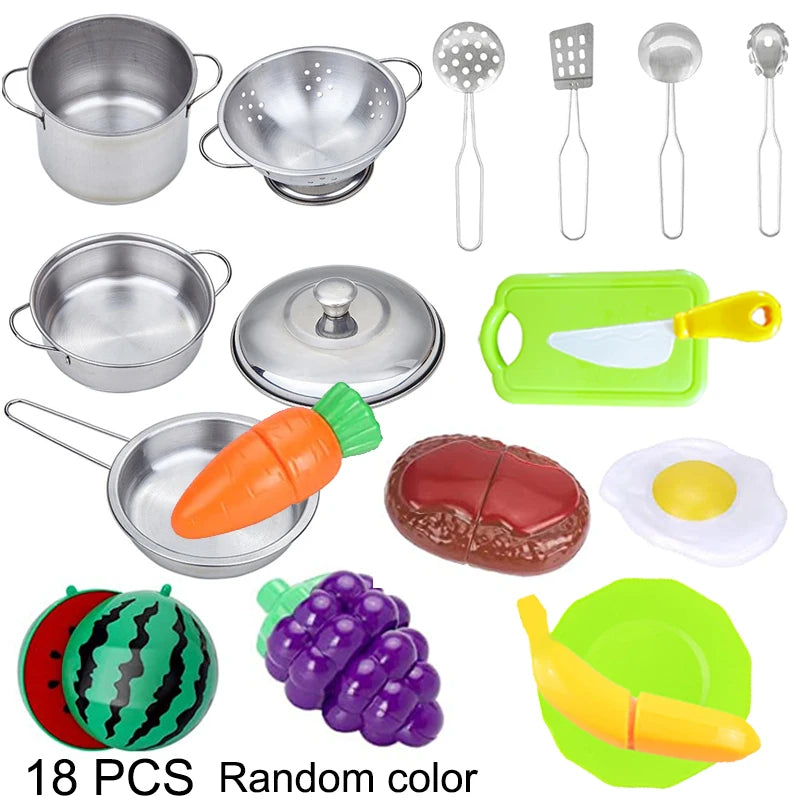 Accesorios para juego de imitación de cocina, juguetes con utensilios de cocina de acero inoxidable, juego de ollas y sartenes, utensilios de cocina, herramienta de aprendizaje para regalos