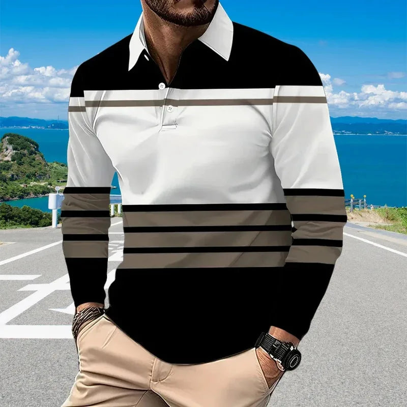 Ropa de golf para hombre con estampado de rayas negras a la moda, polo con botones y cuello blanco, ropa para hombre, solapa de oficina de manga larga para hombre