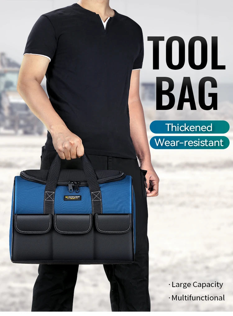 Bolsa de herramientas de boca ancha resistente con bolsillos, organizador para almacenamiento y transporte de herramientas para hombres