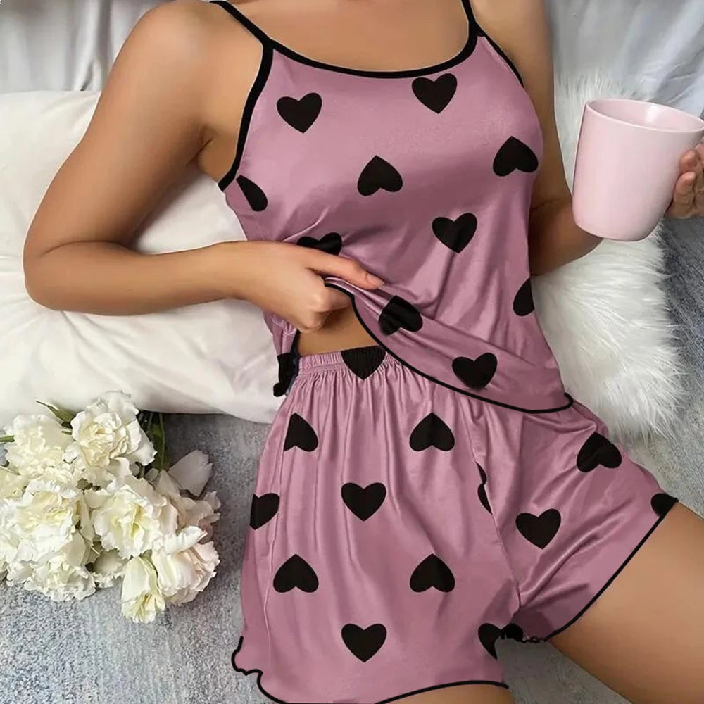 Conjunto de pijama para mujer, camisetas, pantalones cortos, camiseta rosa con estampado en forma de corazón y cuello redondo, Top de seda helada, cómodo e informal de verano ﻿