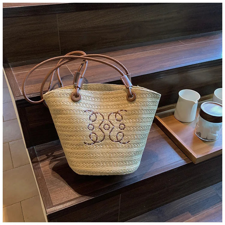 Bolso de hombro Retro a la moda, bolso de mano para mujer, bolso de diseñador de marca de lujo, bandolera de hombro de paja para mujer, bolsos de playa elegantes para mujer