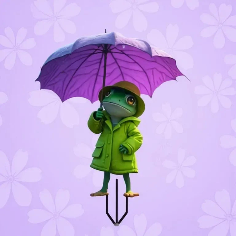 1 linda decoración de jardín al aire libre de rana, diseñada con un impermeable amarillo y un paraguas verde, decoración exterior multifuncional,