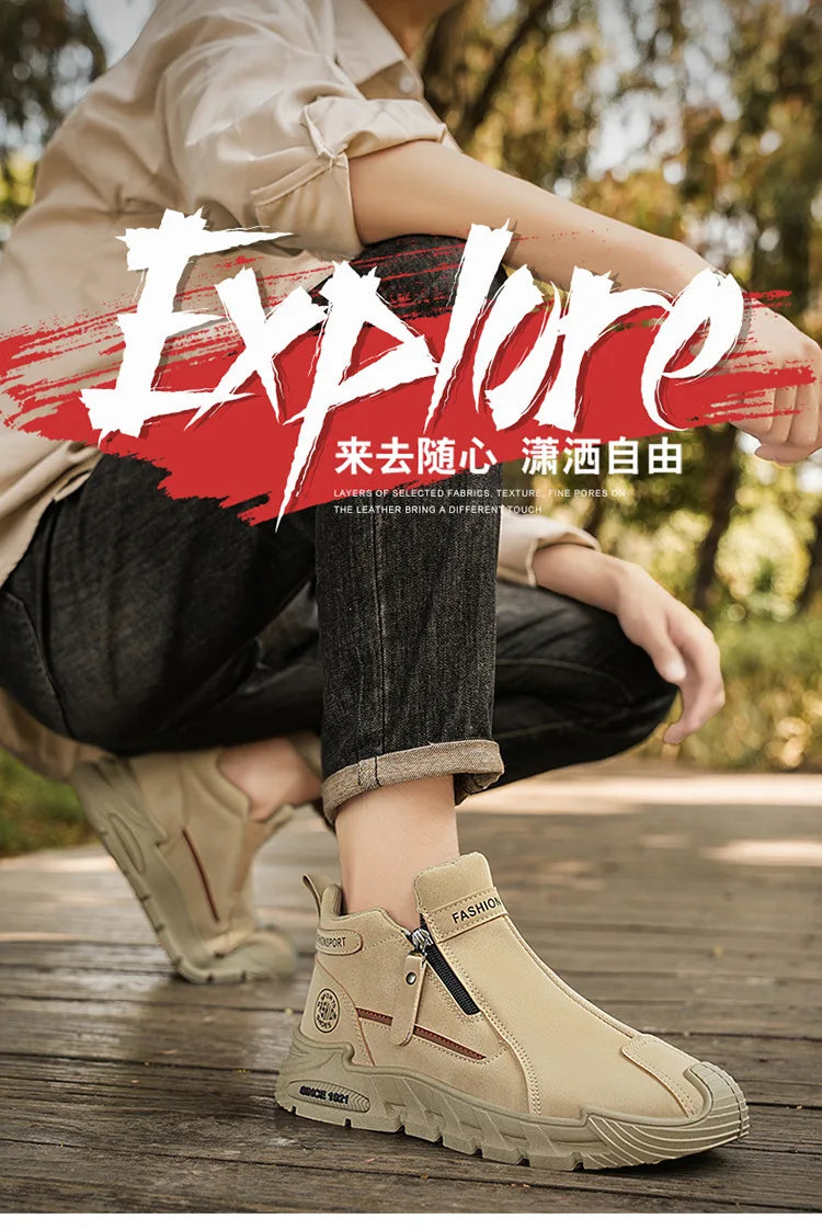 Botas de plataforma de diseñador de moda para hombre, zapatos de trabajo informales con cremallera para exteriores, antideslizantes, resistentes al desgaste, nuevo estilo, 2025