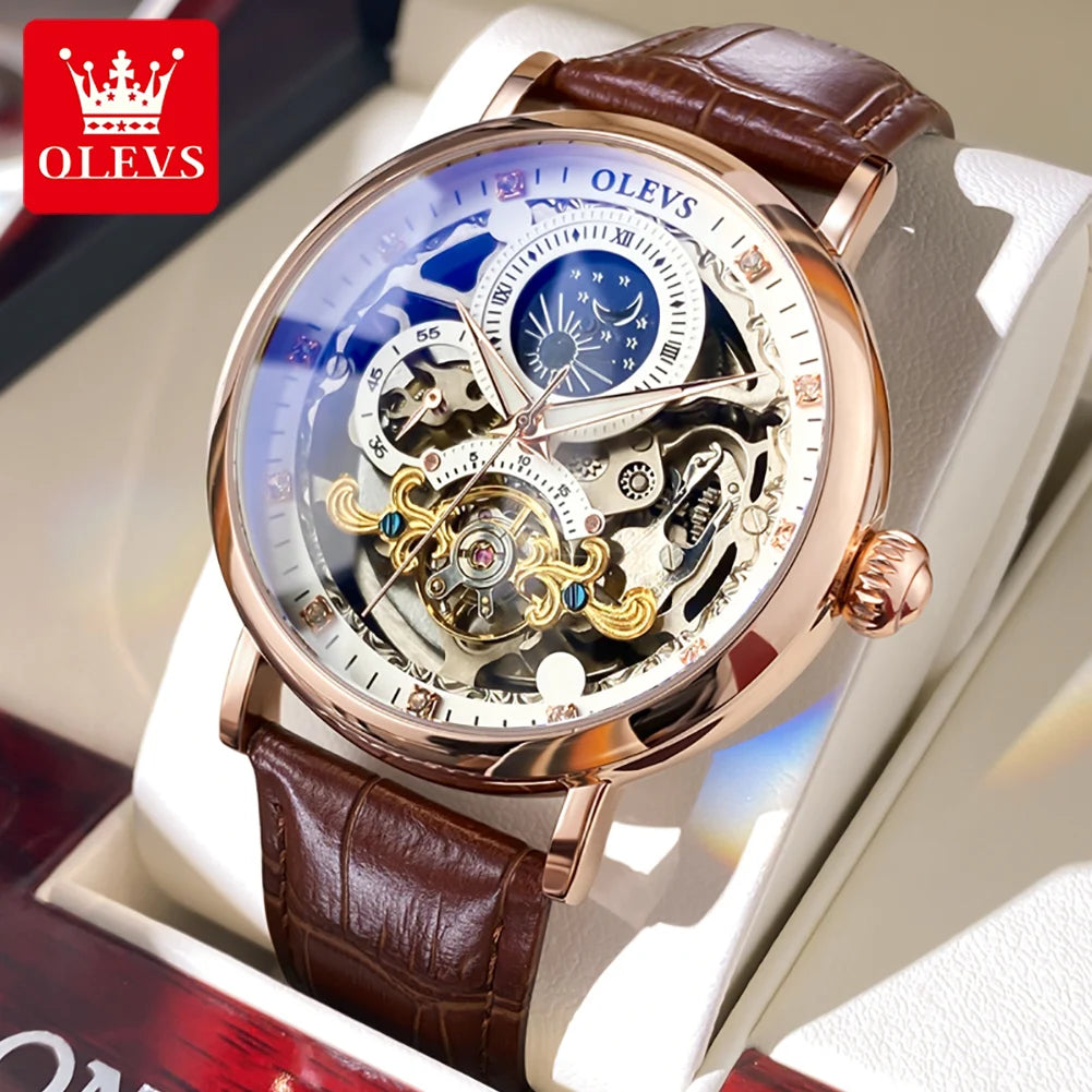 OLEVS Relojes de esqueleto, reloj mecánico automático para Hombre, reloj deportivo Tourbillon, reloj de pulsera informal de negocios con forma de Luna, Relojes para Hombre