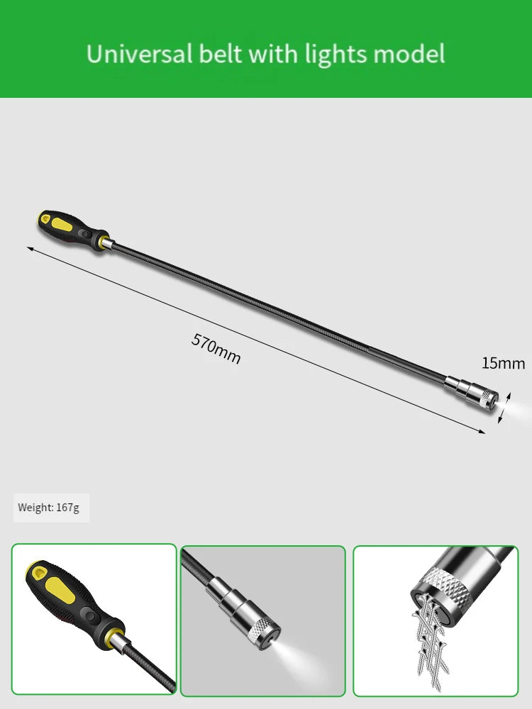Herramienta de recogida magnética con luz LED, eje flexible para reparación de automóviles y hogar, barra magnética fuerte para tornillos, tuercas en espacios apretados