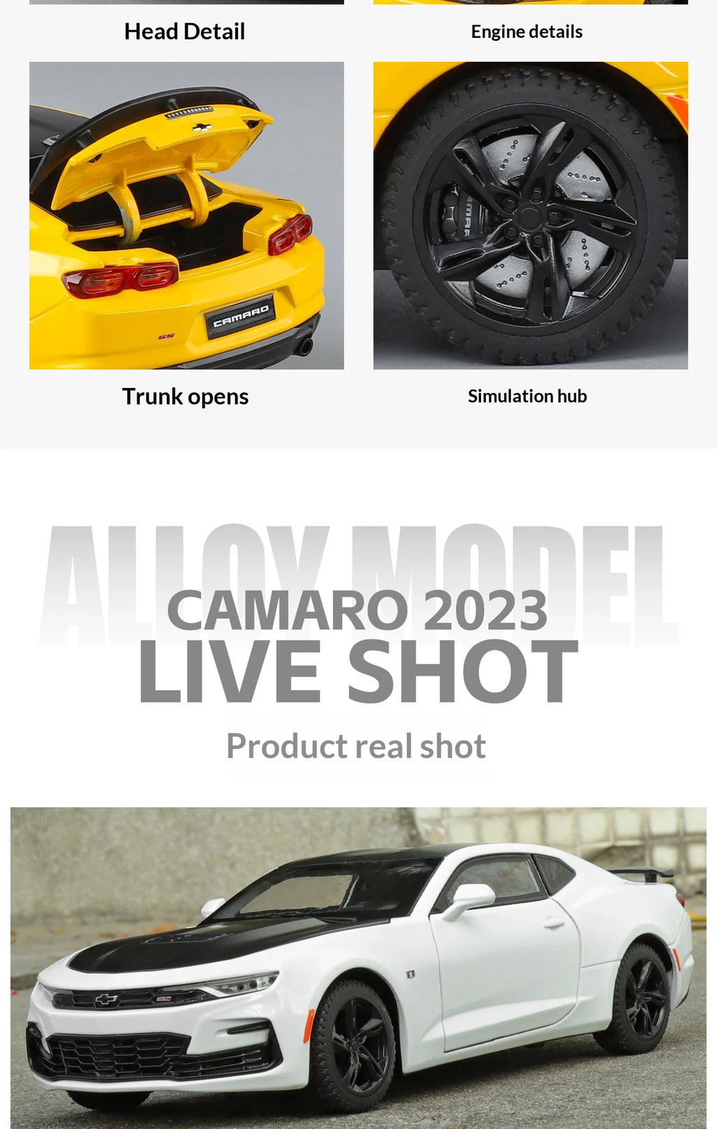 Modelo de coche de aleación Camaro - Puertas abiertas - Absorción de impactos de neumáticos de goma - Cuerpo de metal fundido a presión - Decoraciones para automóviles