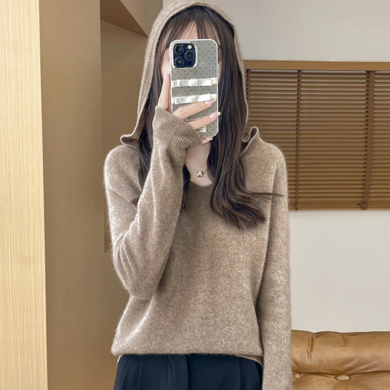 Ropa de Otoño Invierno para mujer, jersey con cuello con capucha, suéter de lana merina de 100%, Tops de Cachemira a la moda, prendas de punto suaves