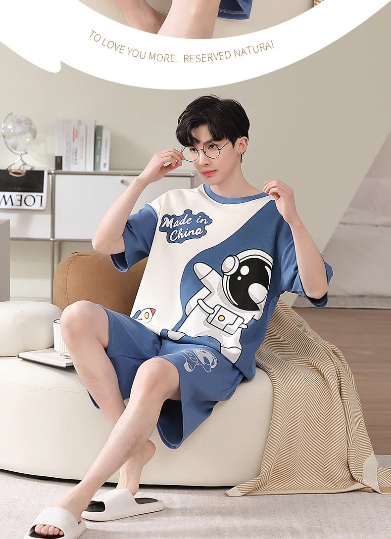 Pijamas para hombre y adolescente, pantalones cortos de algodón de manga corta con dibujos de astronauta, conjunto de ropa de descanso para estudiantes de secundaria, pijama para hombre, envío directo