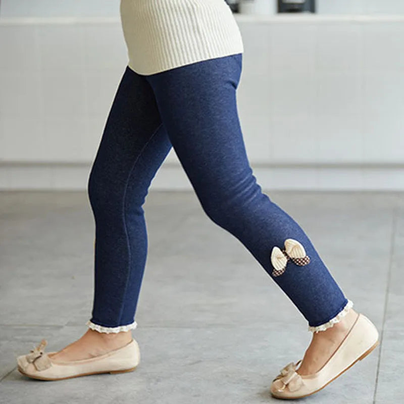 Pantalones para niñas, mallas gruesas y cálidas con lazo en Jean para invierno y primavera, pantalones para niños, pantalones para niños