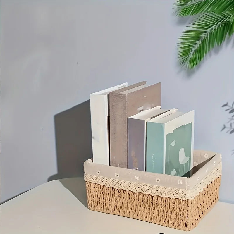 Cesta de almacenamiento de ratán hecha a mano, cesta de almacenamiento de escritorio de ratán con forro de encaje extraíble, adecuada para almacenamiento de cosméticos, 1 ud.