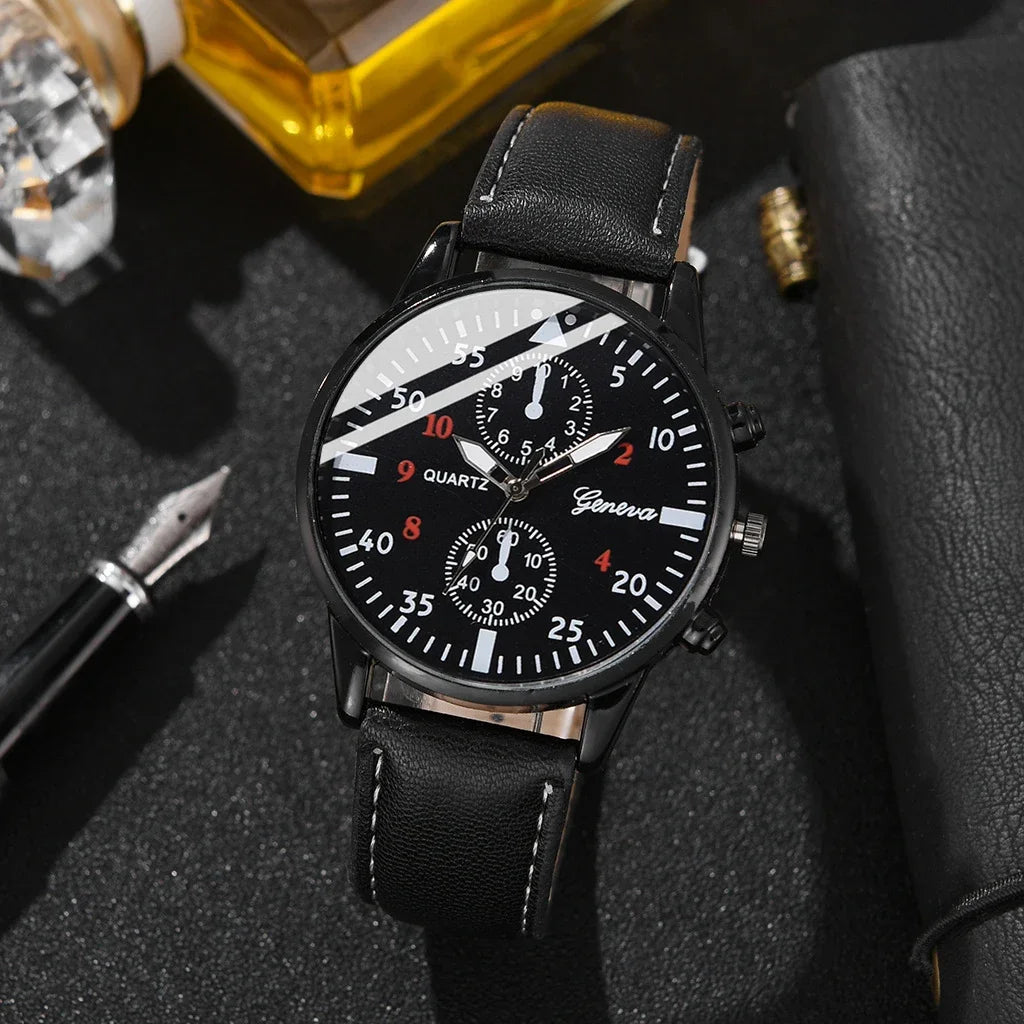 Relógio de movimento de cuarzo versátil masculino, gafas de sol bonito, carteira casual, presente perfecto para festa 3 peças