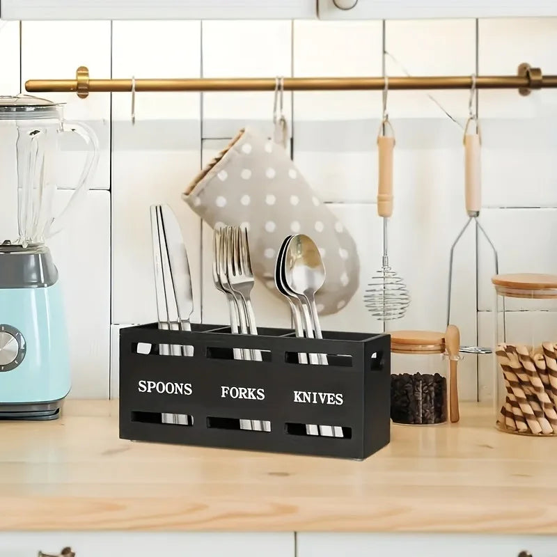 Caja organizadora de cubiertos con múltiples compartimentos de madera para utensilios de cocina, palillos, cucharas, bandeja de almacenamiento para mesa de comedor Rectangular