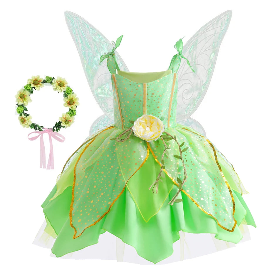 Vestido de Hada de las flores para niñas, vestido de princesa con alas, disfraz de princesa de Halloween, fiesta de elfos, Tinkerbell, vestido de campanilla