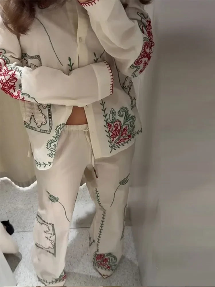 Conjunto de camisa de solapa bordada Retro, pantalón largo, camisas informales elegantes con una botonadura, conjuntos de pantalones rectos, trajes elegantes de verano