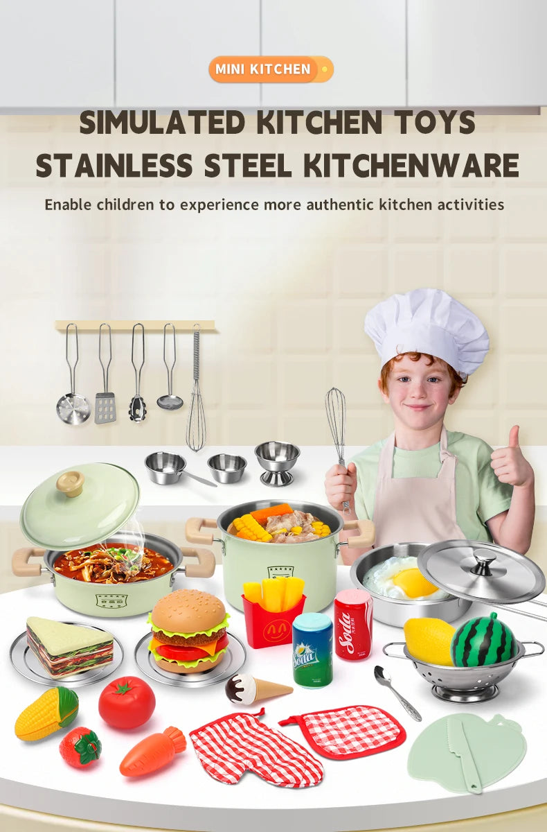 Juego de utensilios de cocina para niños, accesorios de cocina, ollas de madera y acero inoxidable con comida, regalo para niños