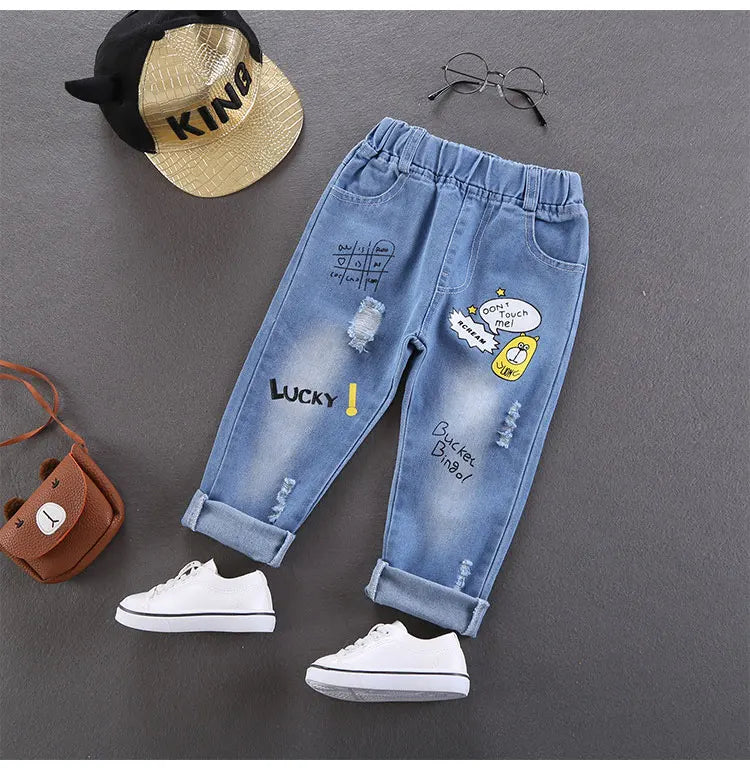 Primavera otoño niños Jeans niños algodón estampado empalme pantalones vaqueros elásticos pantalones coreanos para adolescentes ropa para niños DenimRipped