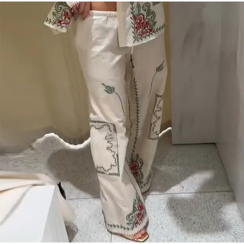 Conjunto de camisa de solapa bordada Retro, pantalón largo, camisas informales elegantes con una botonadura, conjuntos de pantalones rectos, trajes elegantes de verano